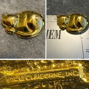 Liz Claiborne Gold Tone Sleeping Cat Brooch Vintage Animal Pin